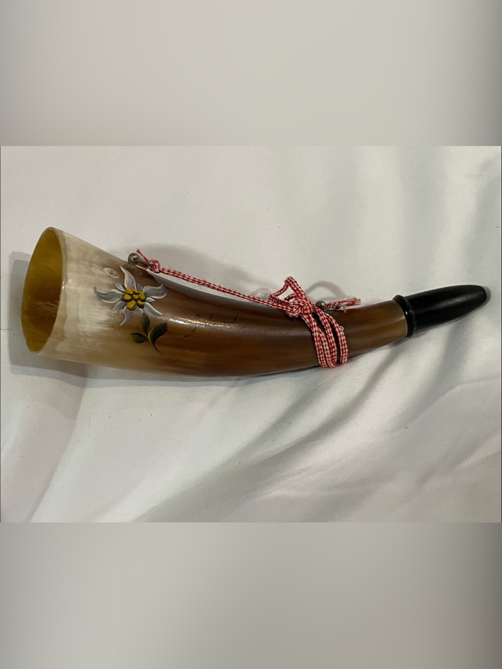 Vintage Swiss Gstaad Souvenir Horn Hand Painted Edelweiss Whistle Alps Decor